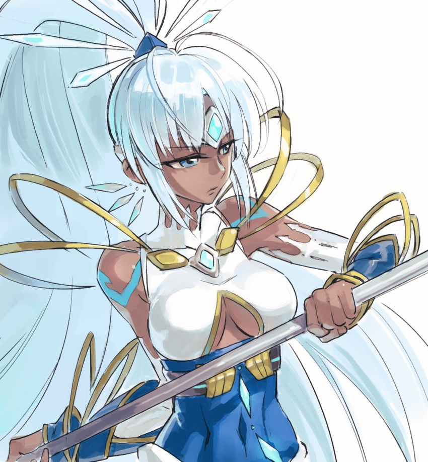 1girl, blue_eyes, dark_skin, highres, jewelry, long_hair, polearm, ponytail