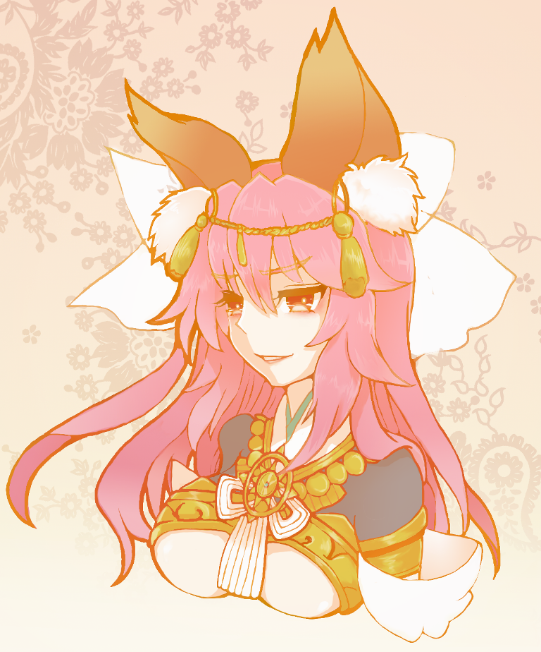 1girl, alternate_costume, alternate_hairstyle, amaterasu_(fate), animal_ears, breasts, fate/extra, fate/extra_ccc, fate_(series), fox_ears, hair_ribbon, large_breasts, long_hair, millipen_(medium), pink_hair, ribbon, solo, tamamo_(fate)_(all), tamamo_no_mae_(fate), tiara, traditional_media, under_boob, yellow_eyes, yoshinamiuijin