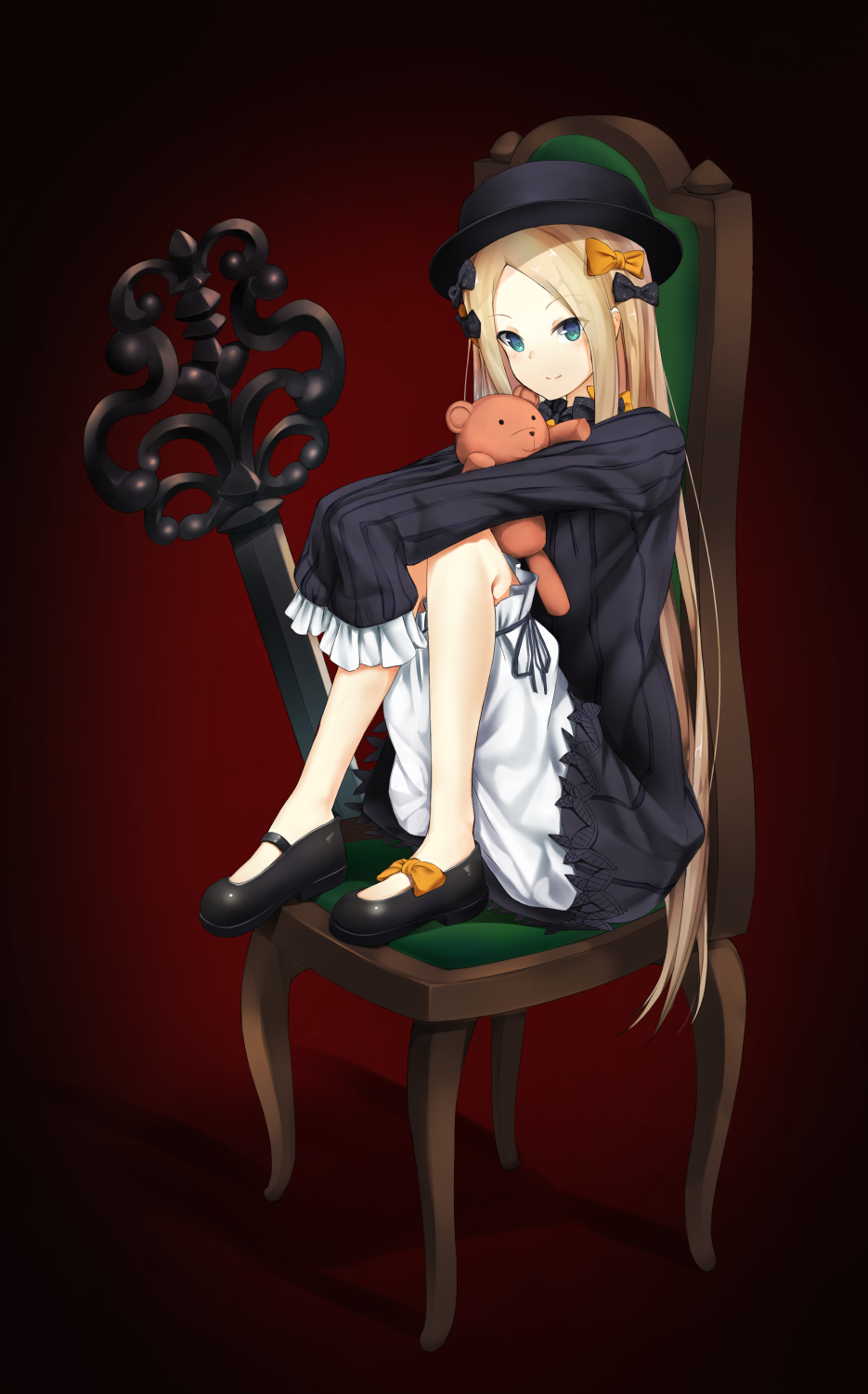 1girl, abigail_williams_(fate/grand_order), bangs, black_bow, black_dress, black_hat, bloomers, blue_eyes, blush, bow, chair, closed_mouth, dress, fate/grand_order, fate_(series), fedora, frilled_sleeves, frills, full_body, gradient, gradient_background, hair_bow, hands_in_sleeves, hat, highres, hiraba_6018, key, knees_on_chest, knees_up, long_hair, long_sleeves, mary_janes, no_socks, orange_bow, oversized_object, parted_bangs, red_background, shoe_bow, shoes, sitting, smile, solo, straight_hair, striped, stuffed_animal, stuffed_toy, tareme, teddy_bear, underwear, vertical-striped_dress, vertical_stripes, very_long_hair, white_bloomers