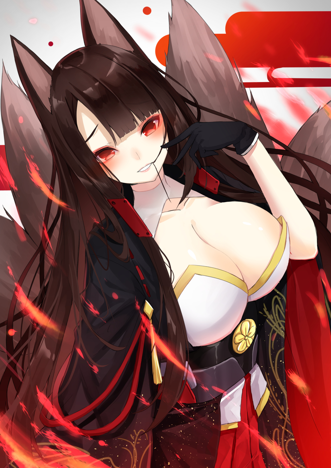 1girl, akagi_(azur_lane), animal_ears, azur_lane, bangs, black_gloves, blunt_bangs, blush