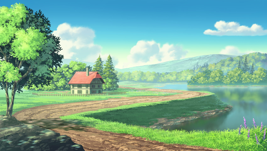 blue_sky, clouds, commentary, day, fence, forest, grass, house, lake, nature, no_humans, original, outdoors, path, road, rural, scenery, sky, suzu_(susan_slr97), tree