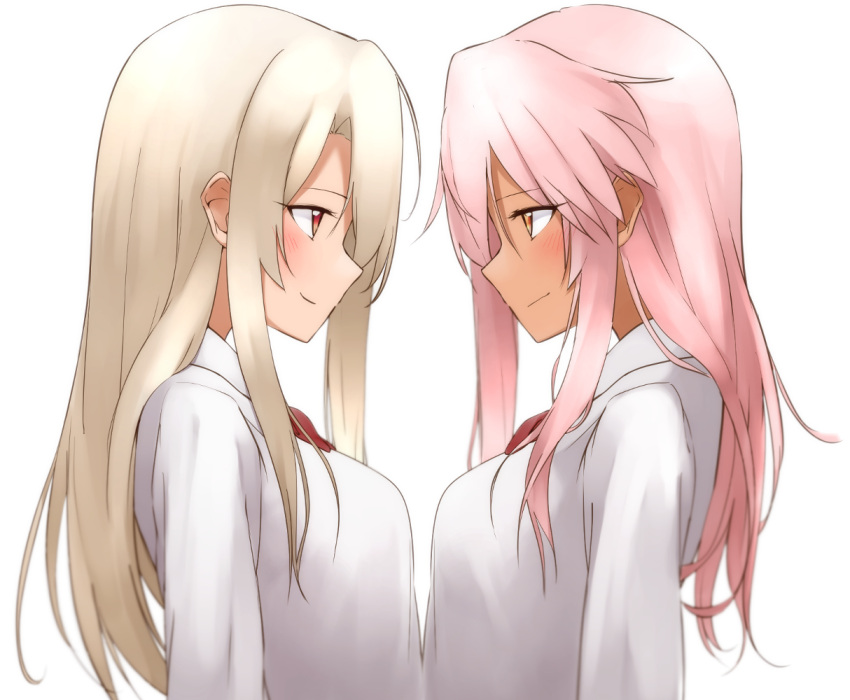 2girls, blonde_hair, blush, bow, bowtie, breasts, brown_eyes, chloe_von_einzbern