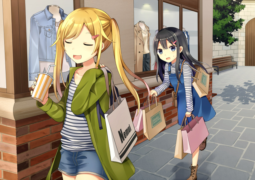 2girls, bag, bench, black_hair, blonde_hair, blue_eyes, blue_topwear, brick_wall, brown_coat, brown_footwear, closed_eyes, coat, commentary_request, cross-laced_footwear, denim, denim_jacket, drink, drinking_straw, green_coat, hair_ornament, hairpin, handbag, highres, jacket, long_hair, multiple_girls, open_clothes, open_jacket, open_mouth, original, outdoors, overalls, road, shirt, shopping_bag, shorts, street, striped, striped_shirt, sweatdrop, tree, twintails, walking, window, wooden_door, yuusa
