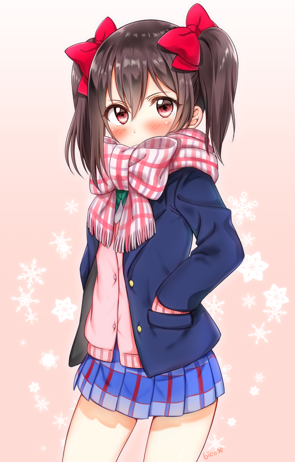 1girl, artist_name, bico_(bicoris), black_hair, blazer, blush, bow, bowtie
