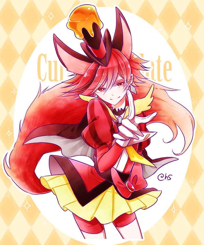 1girl, animal_ears, argyle, argyle_background, bike_shorts, brown_cape, brown_hair, brown_hat, brown_neckwear, cape, character_name, choker, closed_mouth, colored_eyelashes, cowboy_shot, cure_chocolat, dog_ears, dog_tail, earrings, extra_ears, gloves, hanano_sumire_(artist), hat, jewelry, kenjou_akira, kirakira_precure_a_la_mode, looking_at_viewer, magical_girl, multicolored_hair, precure, red_eyes, red_shorts, redhead, short_hair, shorts, shorts_under_skirt, skirt, smile, solo, streaked_hair, tail, top_hat, two-tone_hair, white_gloves, yellow_background, yellow_skirt