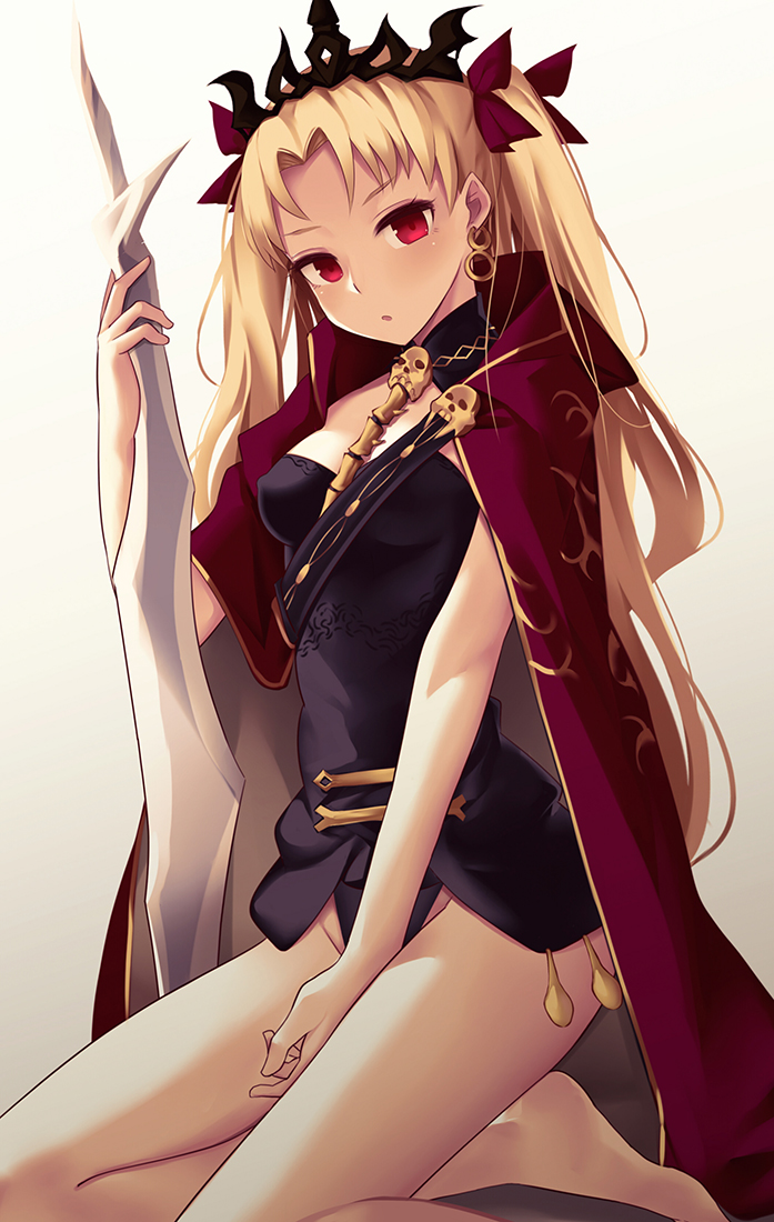 1girl, :o, bare_legs, barefoot, blonde_hair, breasts, cape, earrings