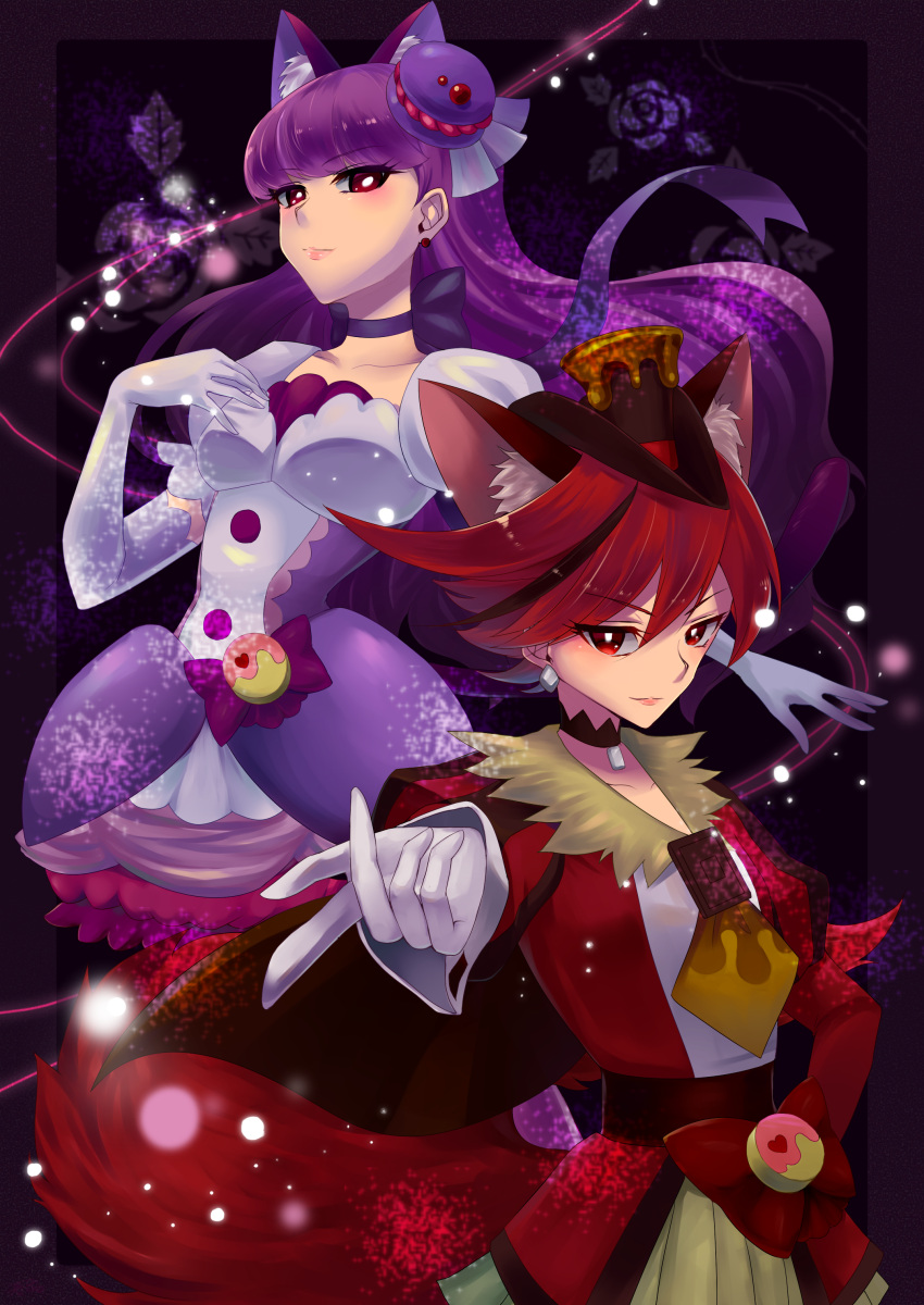 2girls, absurdres, animal_ears, black_neckwear, bow, brown_hat, bubble_skirt, cat_ears