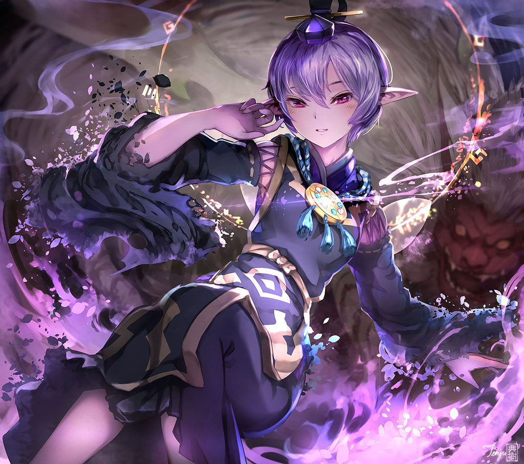 1boy, 1girl, artist_name, bangs, blank_eyes, blurry, character_request, commentary_request