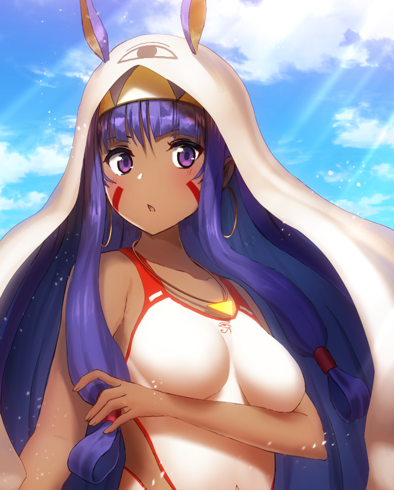 .o, animal_ears, bangs, bare_arms, bare_shoulders, blue_sky, blunt_bangs, blush, breasts, collarbone, competition_swimsuit, day, earrings, facepaint, fate/grand_order, fate_(series), hairband, hoop_earrings, jewelry, light_particles, light_rays, long_hair, medium_breasts, medjed_(fate), mikomiko_(mikomikosu), necklace, nitocris_(fate/grand_order), nitocris_(swimsuit_assassin)_(fate), one-piece_swimsuit, open_mouth, outdoors, purple_hair, rabbit_ears, sky, sunbeam, sunlight, swimsuit, two-tone_hairband, under_covers, upper_body, very_long_hair, violet_eyes, white_swimsuit