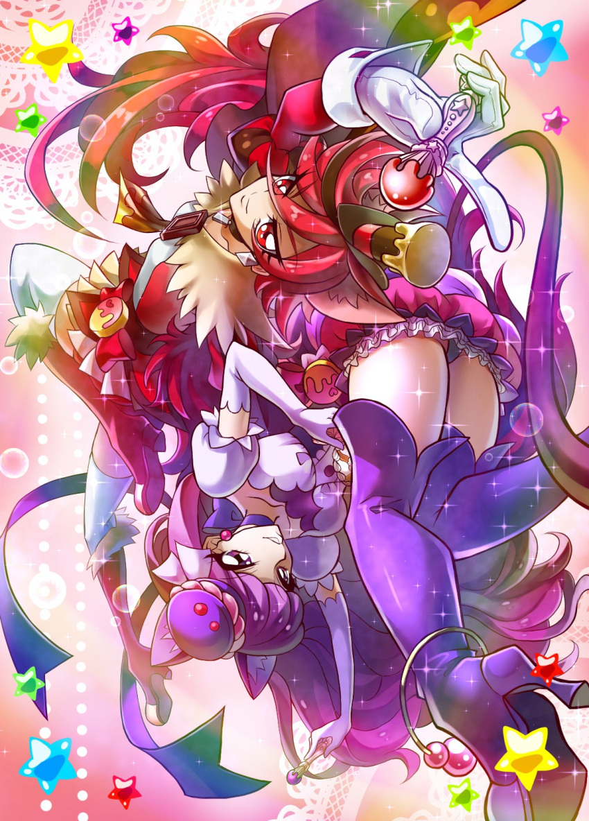 2girls, animal_ears, bangs, boots, bow, brown_hat, cat_ears, choker, closed_mouth, cure_chocolat, cure_macaron, dog_ears, dog_tail, earrings, elbow_gloves, extra_ears, food_themed_hair_ornament, full_body, gloves, hair_ornament, hat, highres, holding, ikenie18, jewelry, kenjou_akira, kirakira_precure_a_la_mode, knee_boots, kotozume_yukari, long_hair, looking_at_viewer, macaron_hair_ornament, magical_girl, multiple_girls, panties, pink_background, precure, purple_bow, purple_footwear, purple_hair, purple_neckwear, purple_skirt, red_bow, red_eyes, red_footwear, redhead, ribbon_choker, rotational_symmetry, short_hair, skirt, smile, star, swept_bangs, tail, thigh-highs, thigh_boots, top_hat, underwear, upside-down, violet_eyes, white_gloves, white_legwear