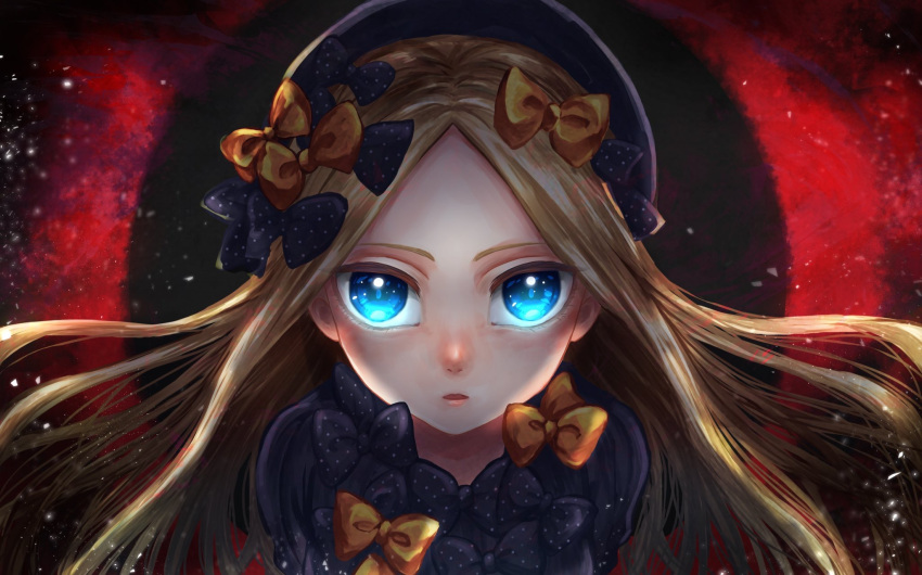1girl, abigail_williams_(fate/grand_order), bangs, black_bow, black_dress, black_hat, blonde_hair, blue_eyes, bow, dress, fate/grand_order, fate_(series), hat, highres, long_hair, looking_at_viewer, orange_bow, parted_bangs, parted_lips, polka_dot, polka_dot_bow, portrait, saiga_(haigakiko_39), solo, very_long_hair