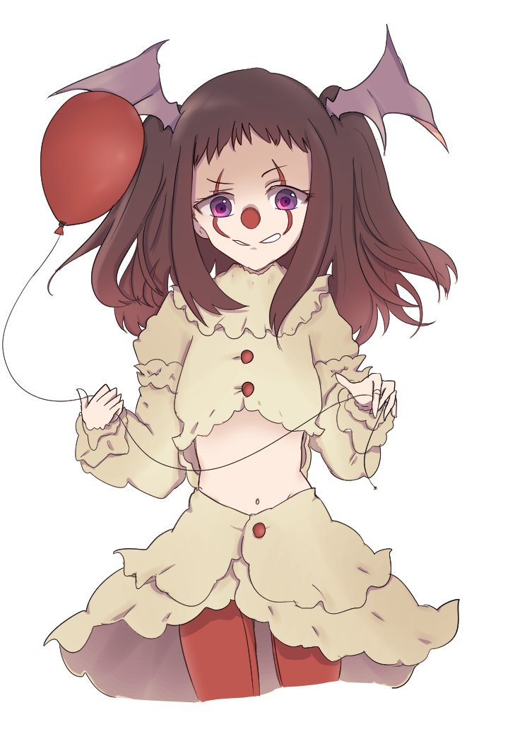1girl, balloon, brown_hair, clown, cosplay, cowboy_shot, crop_top, facepaint