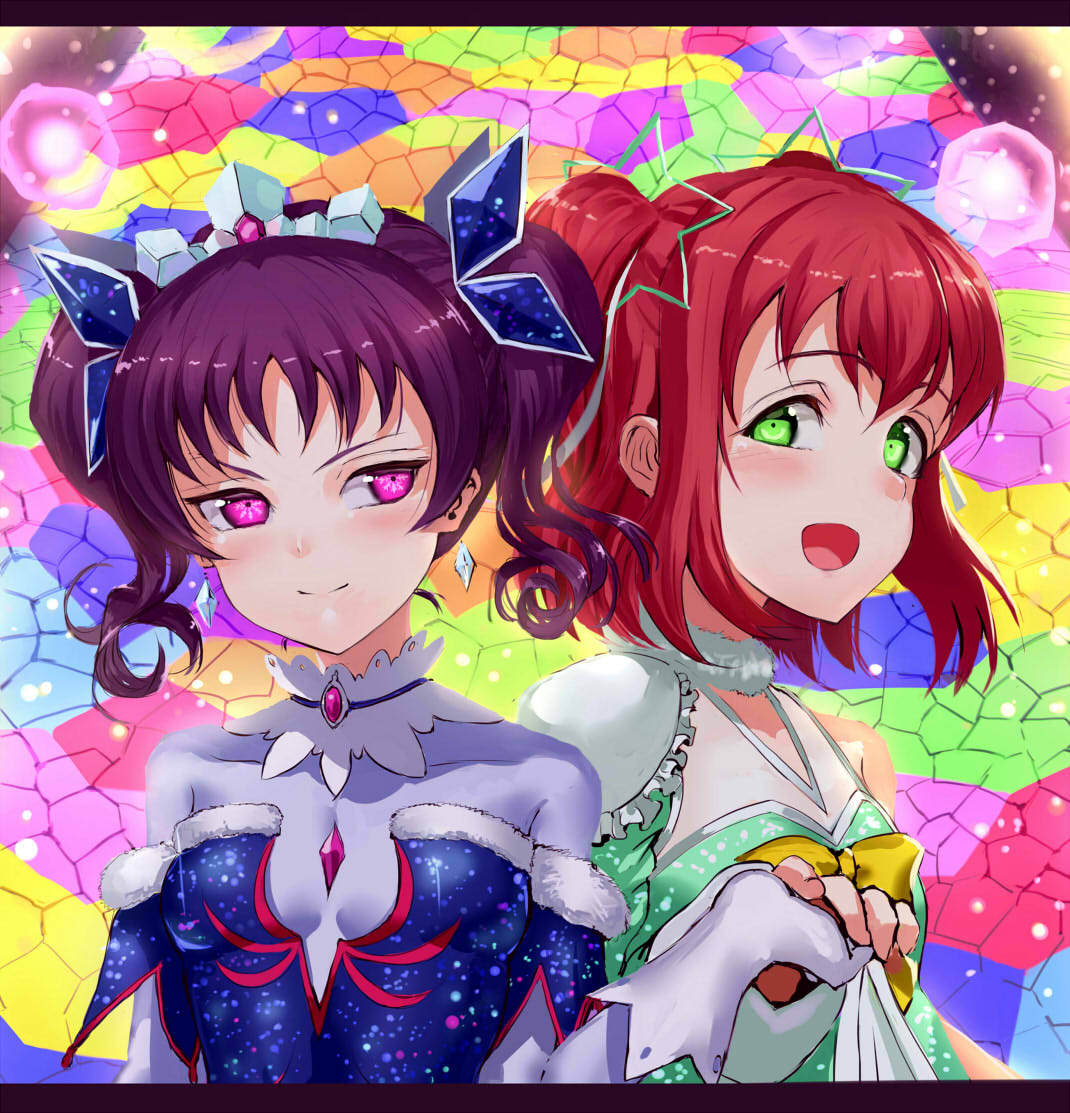 >:), 2girls, :d, awaken_the_power, bangs, blush, breasts, brooch
