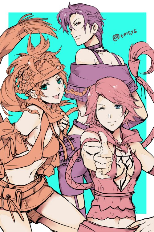 3girls, ass, breasts, cleavage, closed_mouth, eyebrows_visible_through_hair, final_fantasy, final_fantasy_x, final_fantasy_x-2, gloves, headband, long_hair, looking_at_viewer, multiple_girls, open_mouth, paine_(ff10), rikku_(ff10), short_hair, simple_background, skirt, smile, swimsuit, tama_(tmfy5), yuna_(ff10)