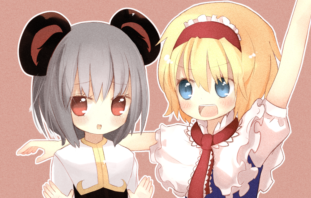 2girls, alice_margatroid, animal_ears, blonde_hair, blue_eyes, blush, cookie_(touhou), eyebrows_visible_through_hair