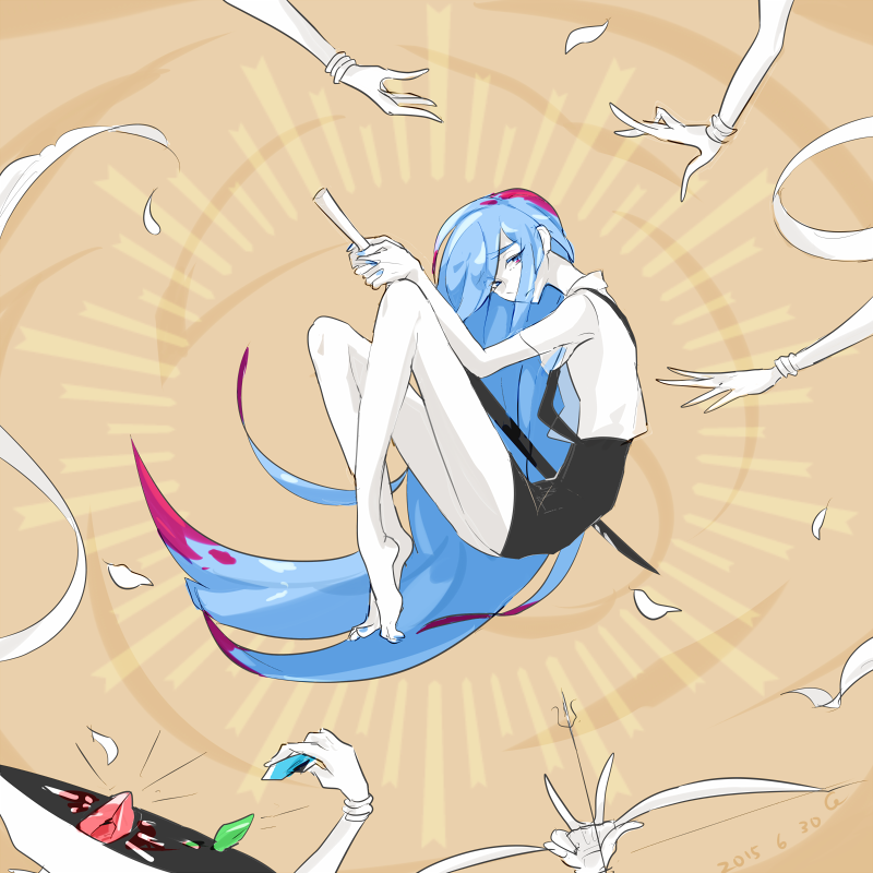 alexandrite_(houseki_no_kuni), androgynous, barefoot, black_neckwear, blue_eyes, blue_hair, cojimama, dated