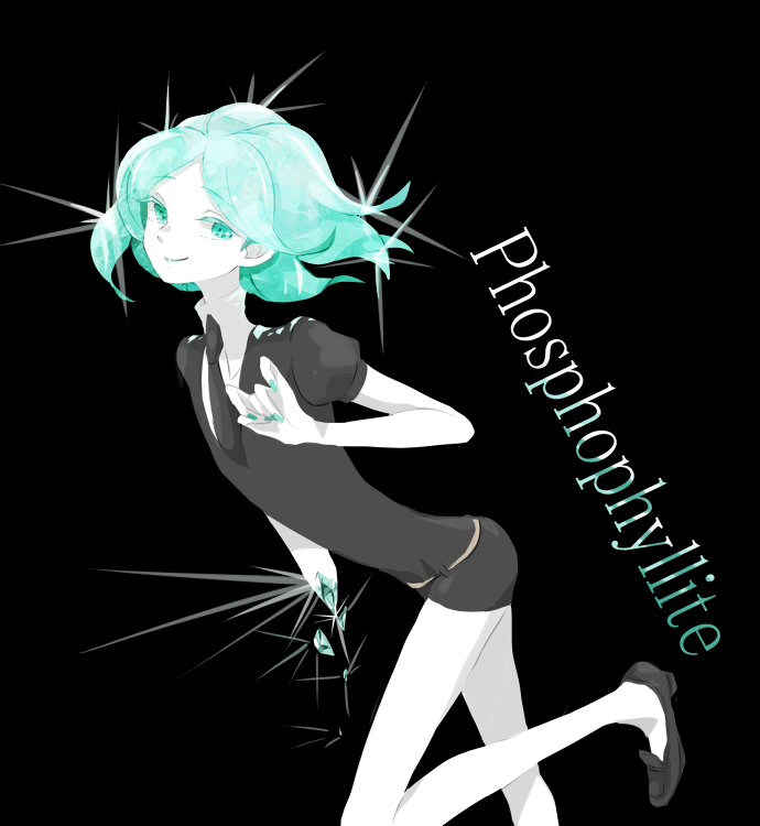 androgynous, black_background, black_neckwear, black_shorts, broken, character_name, cojimama, gem_uniform_(houseki_no_kuni)