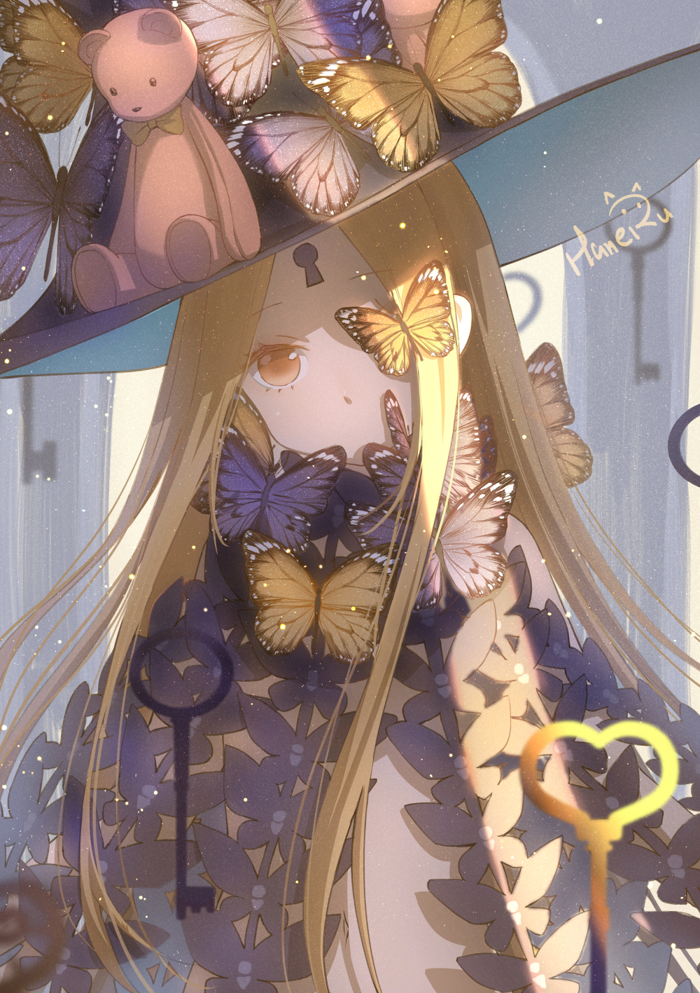 1girl, abigail_williams_(fate/grand_order), animal, artist_name, bangs, blonde_hair, blurry, blurry_foreground