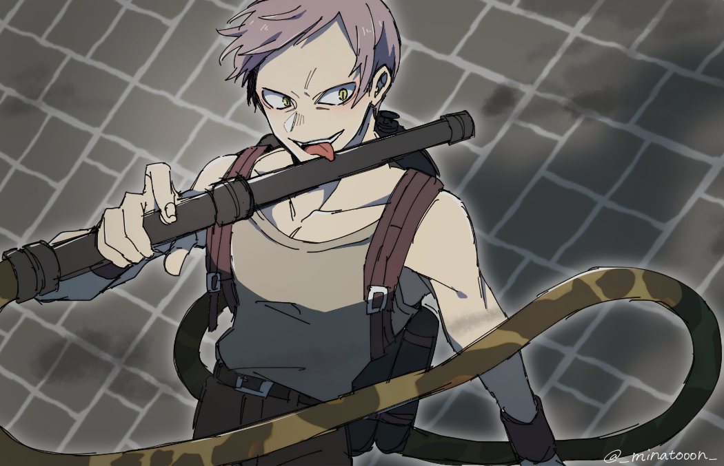 1boy, chain-link_fence, fence, flamethrower, juuni_taisen, lavender_hair, licking, licking_weapon, male_focus, minato_(rigu_hm), smile, solo, tank_top, tongue, tongue_out, tsumita_takeyasu, twitter_username, upper_body, weapon, yellow_eyes