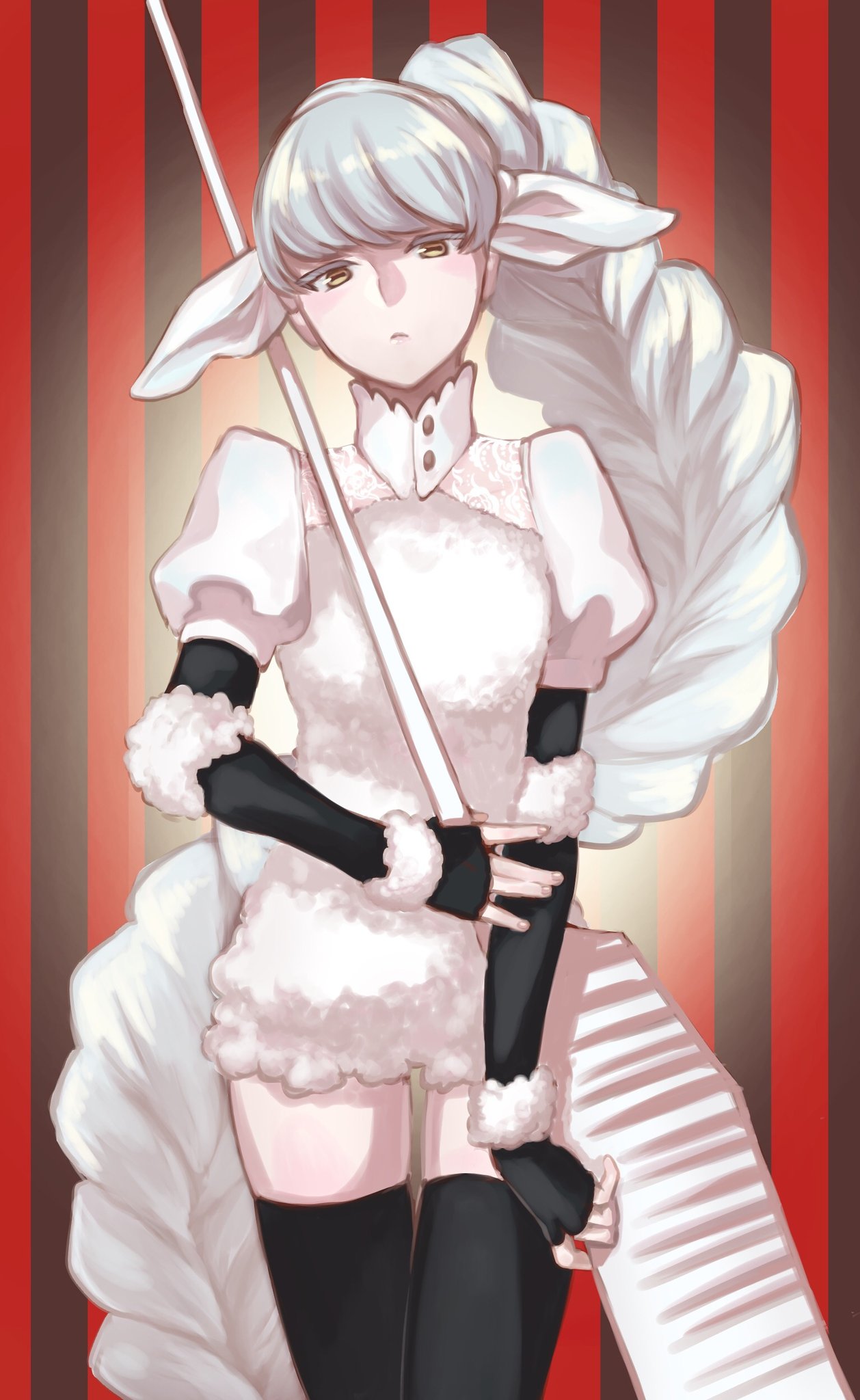 1girl, bangs, black_gloves, black_legwear, blunt_bangs, braid, elbow_gloves, frend_sheep