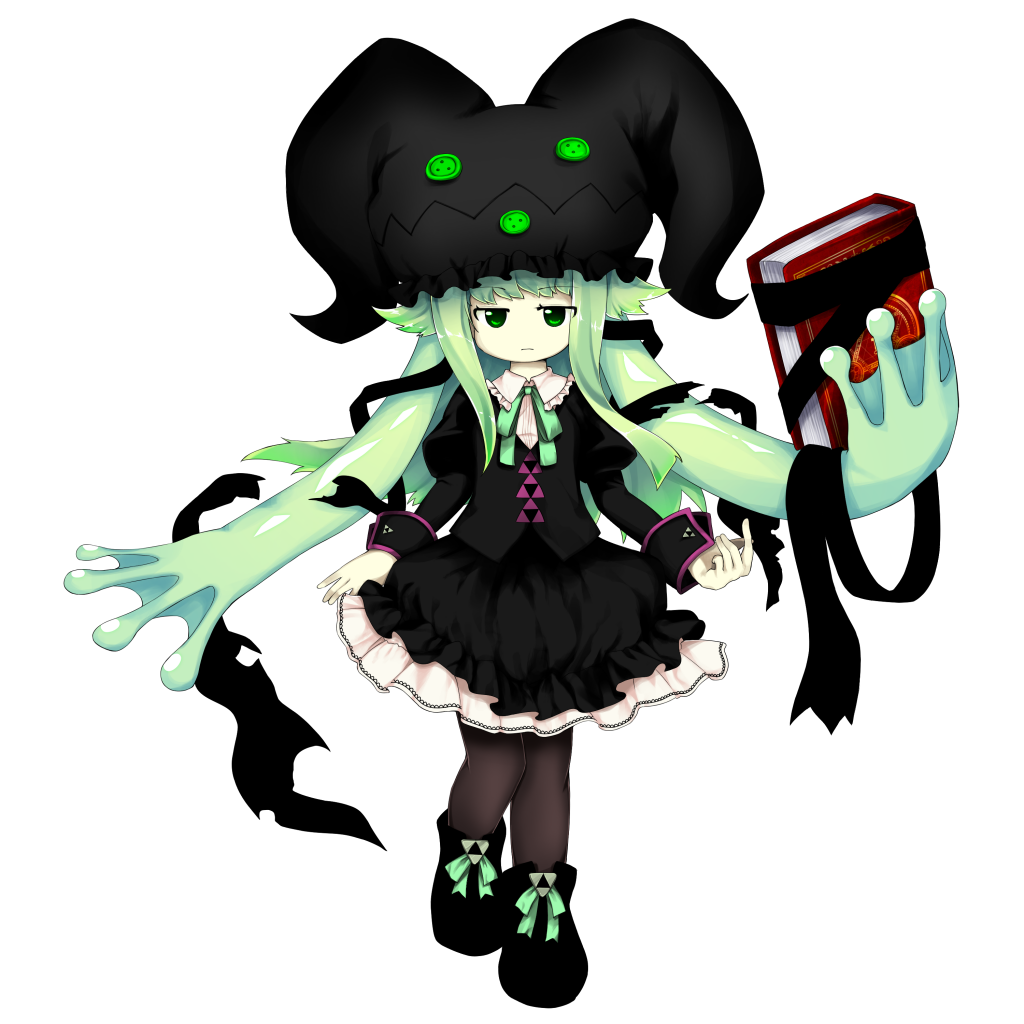 1girl, anmita_(rarutos), book_of_star_mythology, bubble_skirt, dress, expressionless, fuma_mishandra, green_eyes, green_hair, hat, long_hair, long_sleeves, official_art, original, puffy_sleeves, ribbon, shirt, sidelocks, skirt, solo, touhou