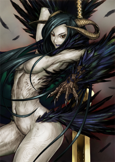 breasts, claws, feathers, green_hair, horns, kometani_hisanobu, large_breasts, long_hair