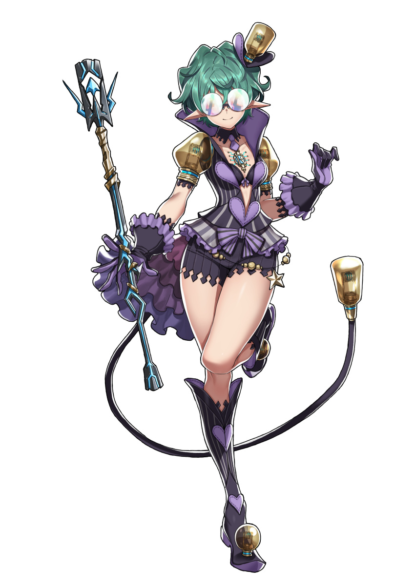 1girl, absurdres, baton, black_bra, bow, bra, breasts, cleavage, closed_mouth, full_body, glasses, gloves, green_hair, heart, highres, leg_up, light_bulb, official_art, purple_bow, purple_gloves, purple_shorts, round_eyewear, saika_(xenoblade), saitou_masatsugu, short_hair, shorts, simple_background, small_breasts, smile, solo, underwear, xenoblade, xenoblade_2
