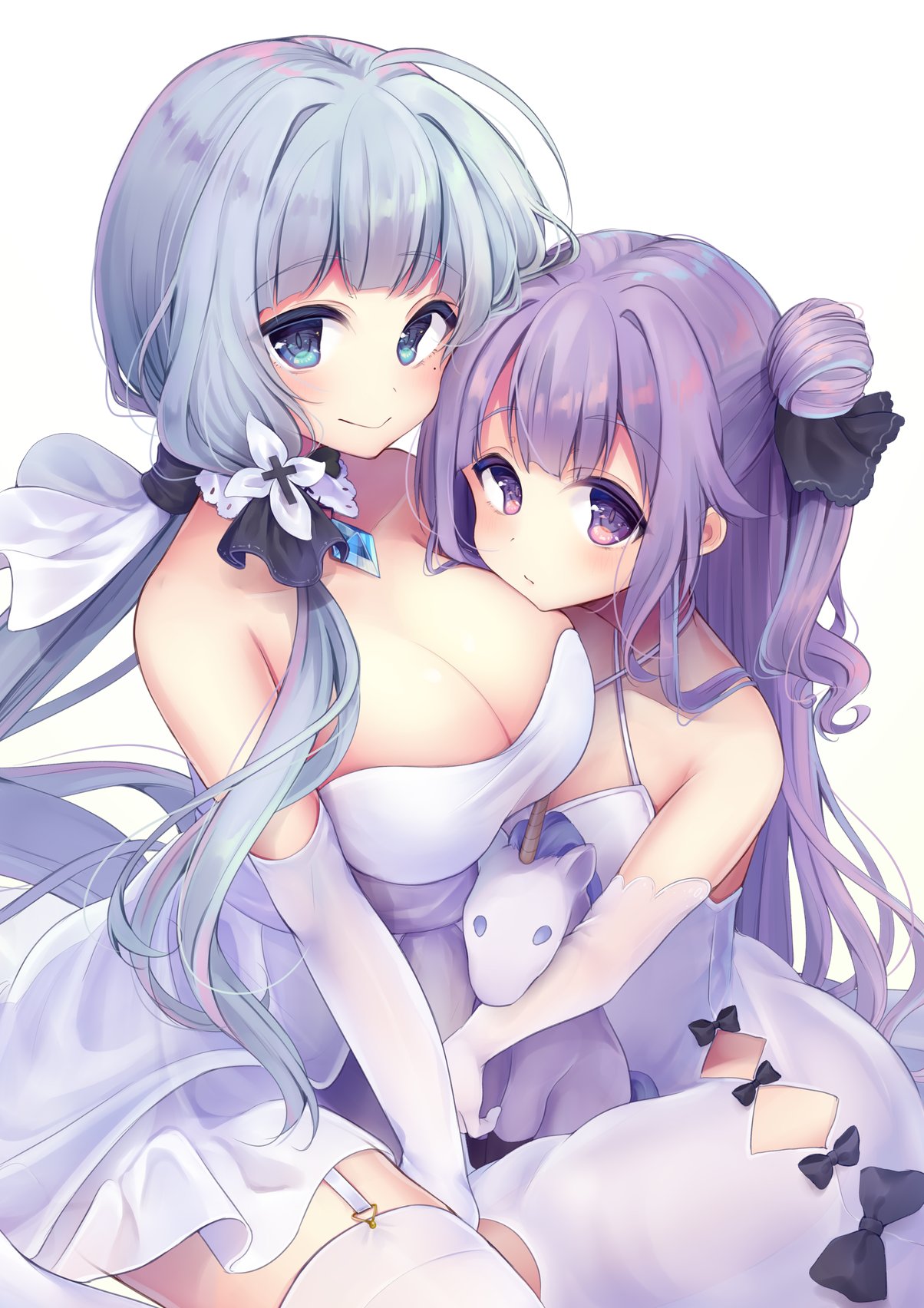 2girls, azur_lane, bangs, bare_shoulders, blue_eyes, blue_hair, blunt_bangs, breasts