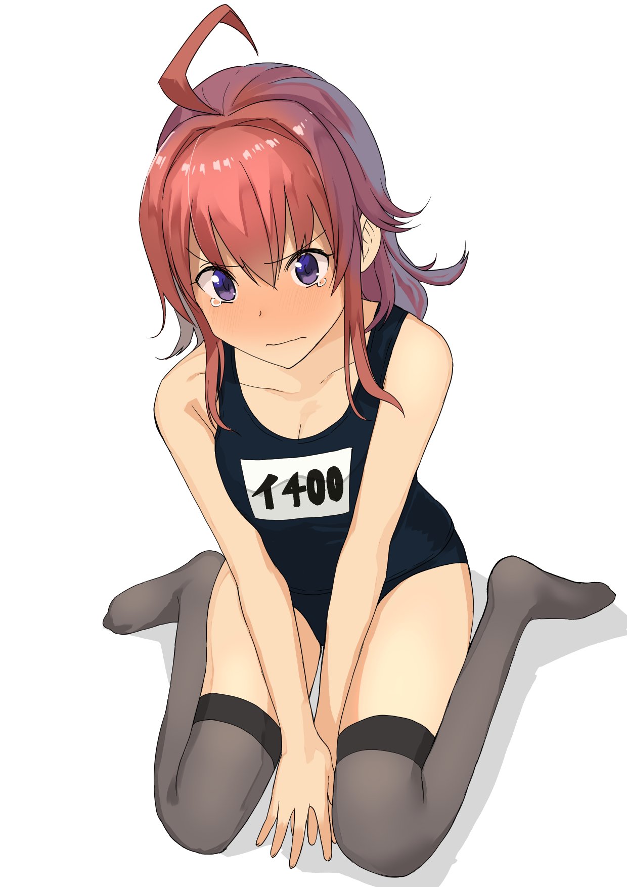 1girl, ahoge, arashi_(kantai_collection), blush, collarbone, commentary_request, cosplay, grey_legwear