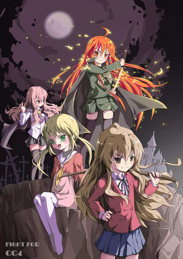 aisaka_taiga, blonde_hair, bokken, brown_eyes, brown_hair, cape, cliff, crossover