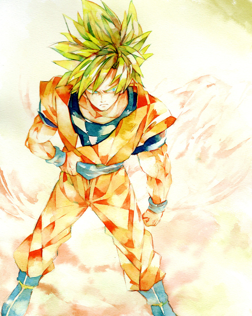 1boy, ake_(ake54), blonde_hair, blue_eyes, boots, dougi, dragon_ball, dragonball_z