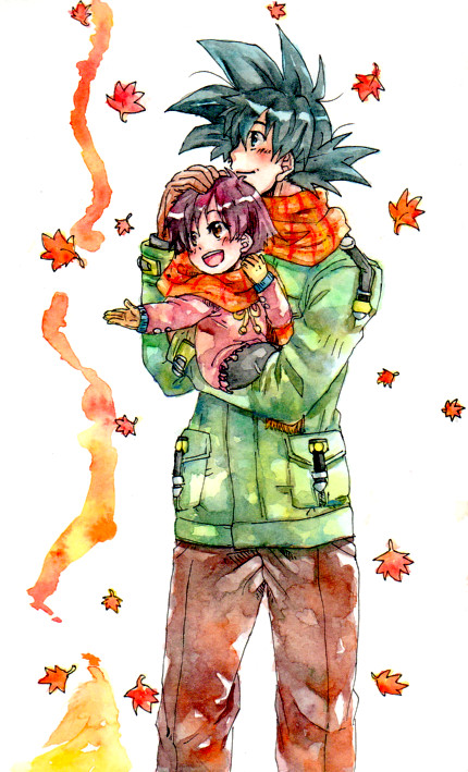 1boy, 1girl, :d, ake_(ake54), black_eyes, black_hair, dragon_ball, dragonball_z