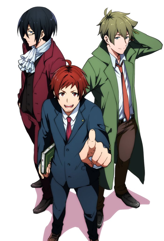 3boys, black_hair, blue_suit, brown_hair, cosplay, cravat, formal, gyakuten_saiban