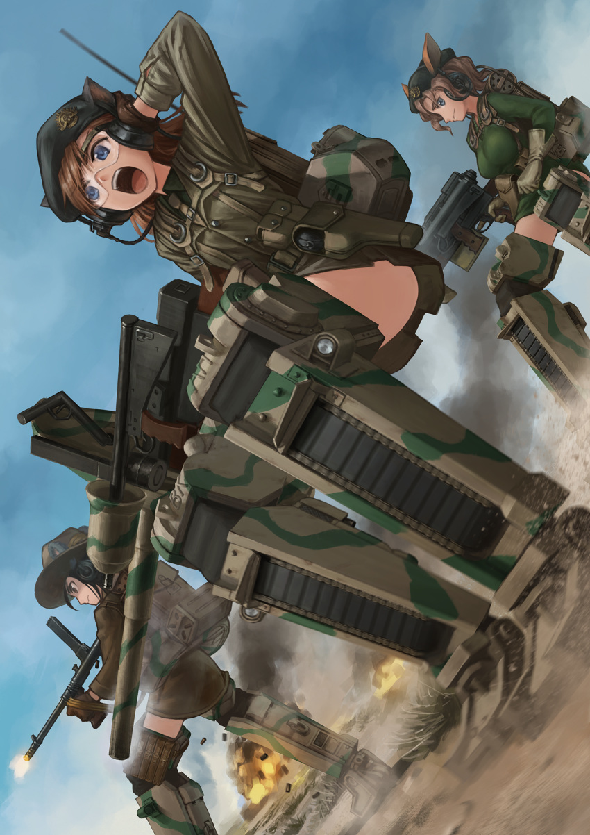 3girls, beret, blue_eyes, breasts, brown_hair, firing, gloves, goggles, gun, hat, headphones, highres, holding, holding_gun, holding_weapon, lain, long_hair, looking_at_viewer, multiple_girls, necktie, open_mouth, skirt, smile, strike_witches, strike_witches_(lionheart_witch), teeth, weapon, world_witches_series