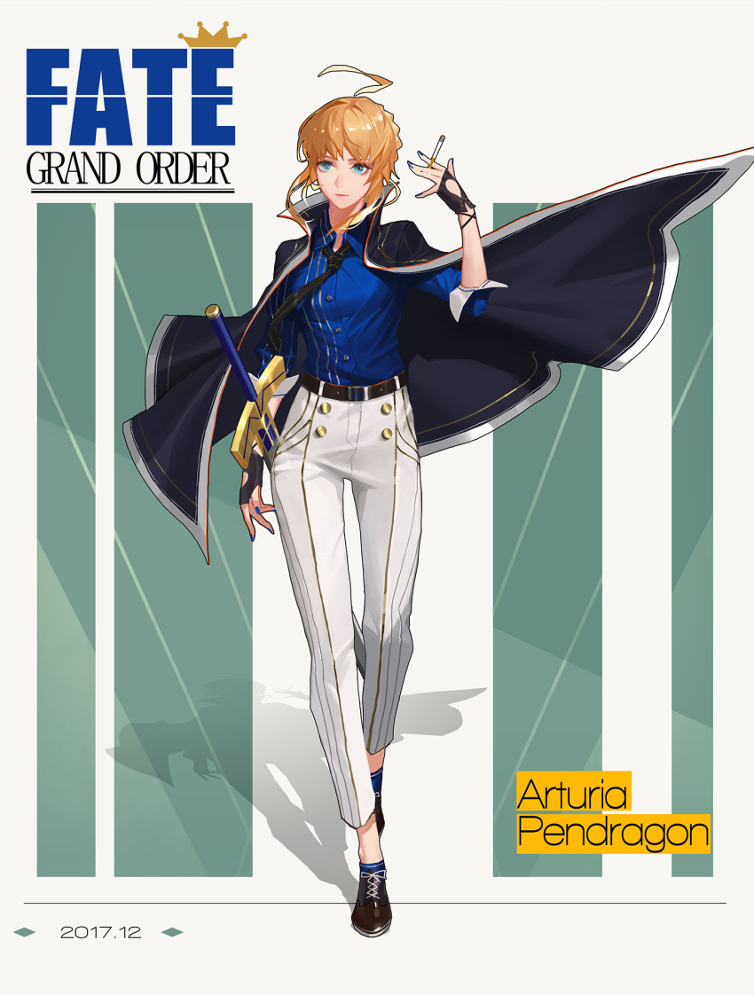 1girl, ahoge, alternate_costume, artoria_pendragon_(all), belt, black_footwear, black_neckwear, blonde_hair