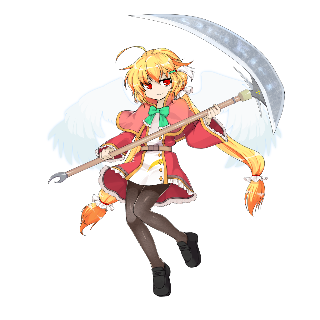 1girl, anmita_(rarutos), black_legwear, blonde_hair, bow, capelet, dress, hair_ornament, holding, holding_scythe, long_hair, off_shoulder, original, pantyhose, red_eyes, saraka_sant'angelo, scythe, skirt, smile, solo, touhou, twintails, wings