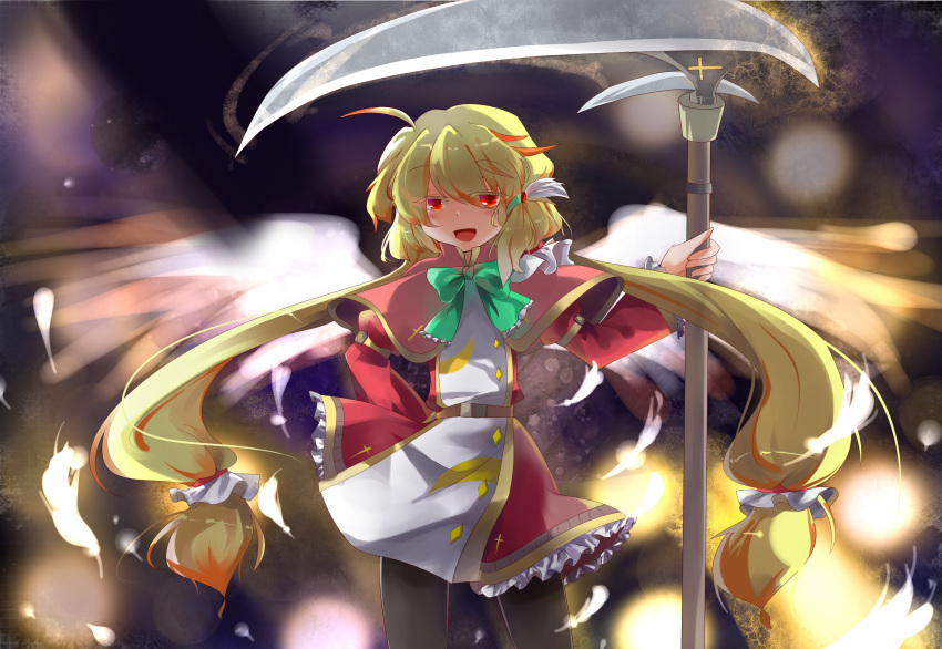 1girl, absurdres, anmita_(rarutos), blonde_hair, bow, capelet, dress, hair_ornament
