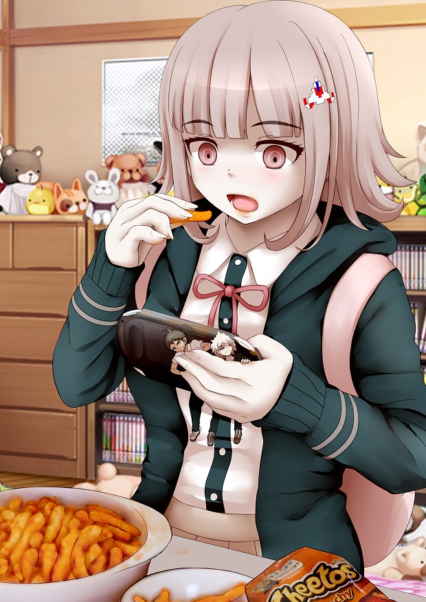 1girl, 2boys, cheetos, dangan_ronpa, eating, hair_ornament, handheld_game_console, hinata_hajime