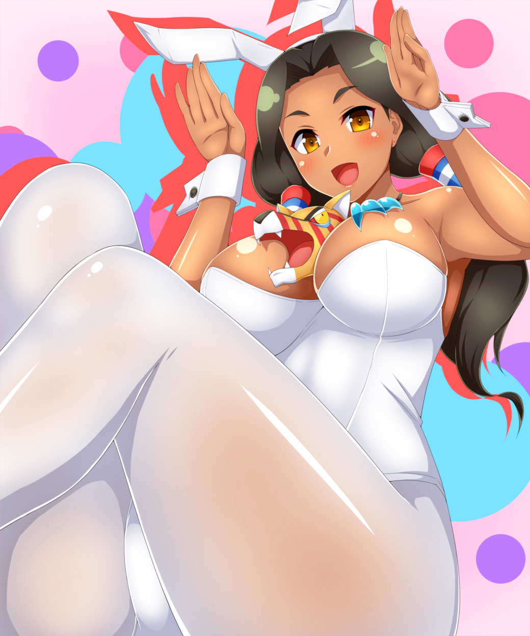 1girl, animal_ears, between_fingers, blush, breasts, brown_hair, bunny_pose, bunny_tail