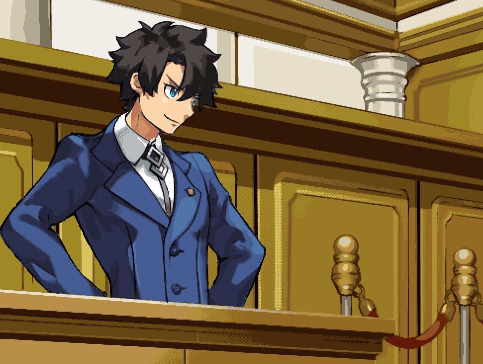 1boy, black_hair, blue_eyes, blue_suit, cosplay, courtroom, fate/grand_order, fate_(series)