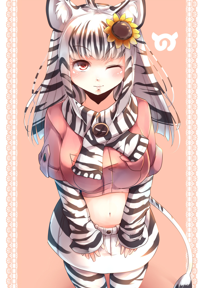 1girl, absurdres, ahoge, animal_print, black_hair, blush, flower, hair_flower, hair_ornament, highres, japari_symbol, kanzakietc, kemono_friends, long_hair, midriff, mountain_zebra_(kemono_friends), multicolored_hair, navel, one_eye_closed, red_eyes, scarf, solo, sunflower_hair_ornament, thigh-highs, two-tone_hair, upper_body, white_hair, zebra_ears, zebra_print, zebra_tail