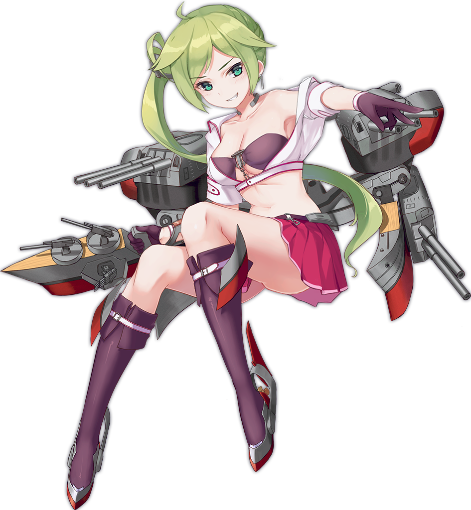 1girl, ahoge, aqua_eyes, azur_lane, bandeau, bare_shoulders, black_gloves, blush, breasts, chains, cleavage, collarbone, earrings, eyebrows, full_body, gloves, green_hair, grin, hair_ornament, jewelry, kneehighs, long_hair, machinery, medium_breasts, midriff, miniskirt, navel, official_art, pleated_skirt, purple_legwear, red_skirt, salt_lake_city_(azur_lane), side_ponytail, simple_background, skirt, smile, solo, stomach, teeth, transparent_background, turret, under_boob, zi_se