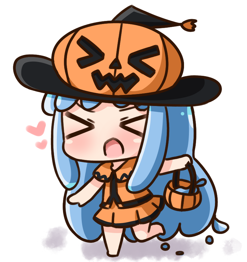 >_<, 1girl, :d, bangs, barefoot, black_hat, blue_hair, blush, capelet, chibi, commentary_request, facing_viewer, full_body, goo_girl, half_slime-chan, halloween_basket, hana_kazari, hat, heart, jack-o'-lantern, long_hair, monster_girl, open_mouth, orange_capelet, orange_shirt, orange_skirt, original, pleated_skirt, shirt, skirt, sleeveless, sleeveless_shirt, smile, solo, standing, standing_on_one_leg, v-shaped_eyebrows, very_long_hair, white_background, witch_hat, xd