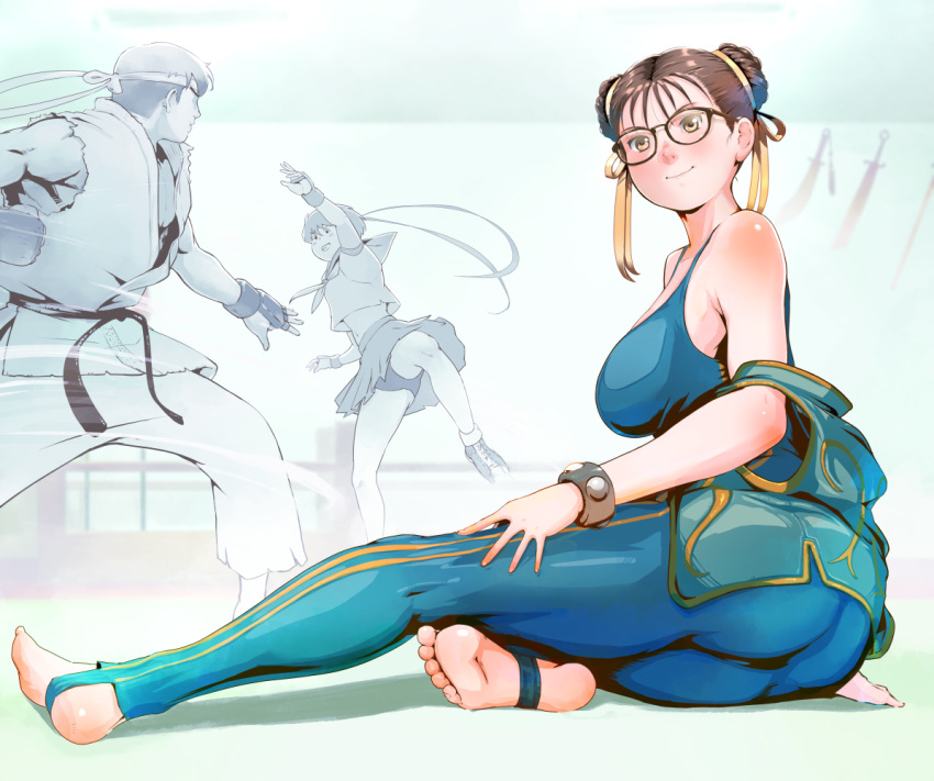 1boy, 2girls, alternate_costume, ass, battle, bespectacled, black-framed_eyewear, bodysuit, breasts, brown_eyes, brown_hair, chun-li, double_bun, dougi, glasses, hair_ribbon, kasugano_sakura, large_breasts, multiple_girls, off_shoulder, ribbon, round_eyewear, ryuu_(street_fighter), school_uniform, serafuku, soles, solo_focus, street_fighter, street_fighter_zero_(series), studded_bracelet, takemaru08, toeless_legwear, toes, vest