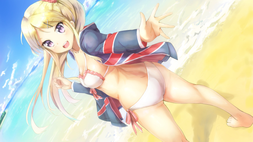 1girl, ass, beach, bikini, blonde_hair, blue_jacket, blush, breasts