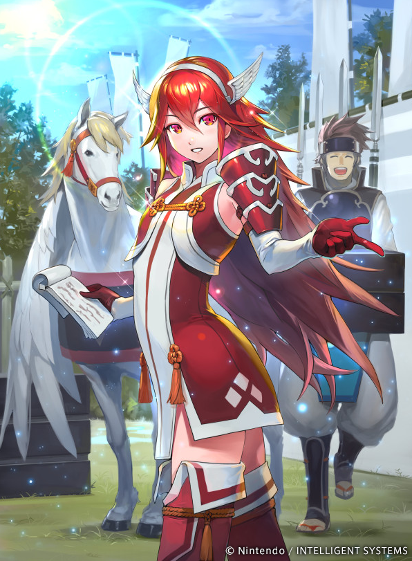 1boy, 1girl, armor, banner, boots, clouds, cloudy_sky, cowboy_shot