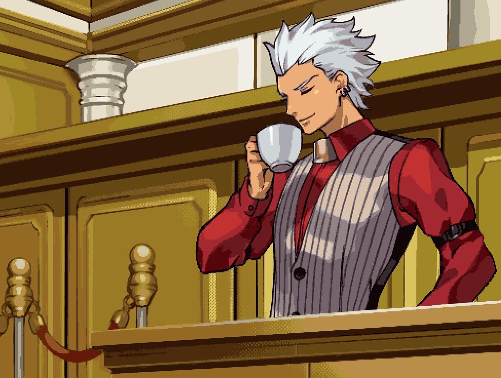 1boy, archer, closed_eyes, coffee, coffee_mug, cosplay, courtroom, dark_skin, dark_skinned_male, earrings, fate/grand_order, fate/stay_night, fate_(series), godot, godot_(cosplay), gyakuten_saiban, hand_on_hip, jewelry, male_focus, nekoremon, parody, pixel_art, red_shirt, shirt, smile, solo, waistcoat, white_hair