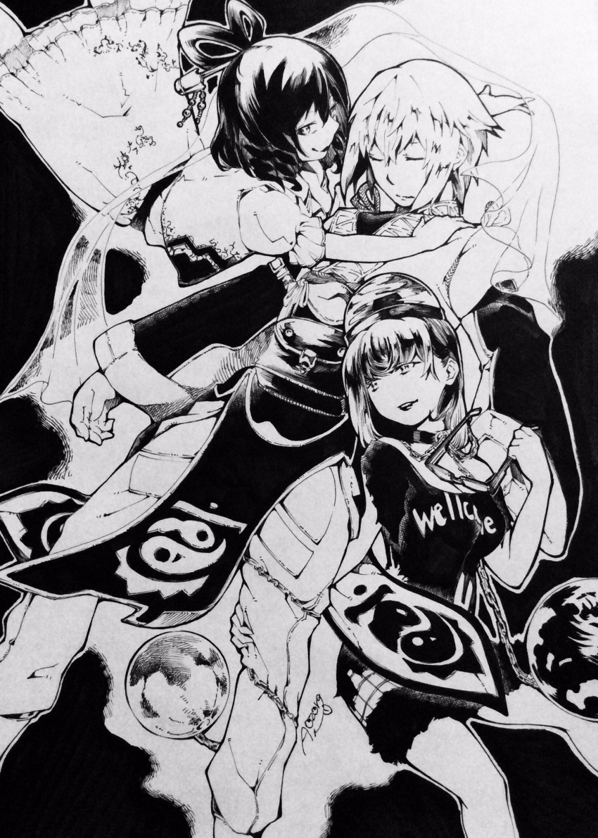 1boy, 2girls, aozora_taf, artist_name, chains, closed_eyes, closed_mouth, clothes_writing, collar, commentary_request, dress, glasses, greyscale, hair_ornament, hair_rings, hair_stick, hand_up, hecatia_lapislazuli, highres, holding, kaku_seiga, lipstick, makeup, miniskirt, monochrome, morichika_rinnosuke, multiple_girls, off-shoulder_shirt, polos_crown, shawl, shirt, simple_background, skirt, t-shirt, tabard, touhou, traditional_media, typo