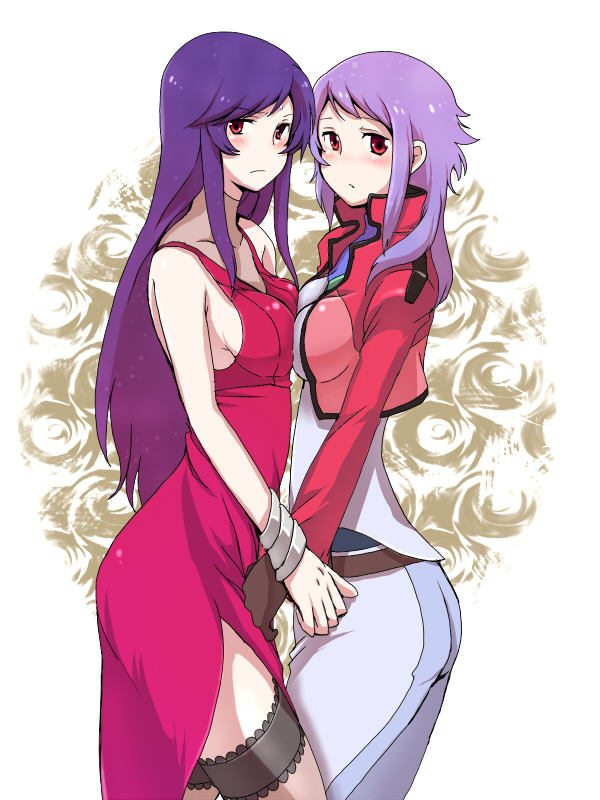 2girls, breast_press, breasts, dress, enari, genderswap, gundam, gundam_00