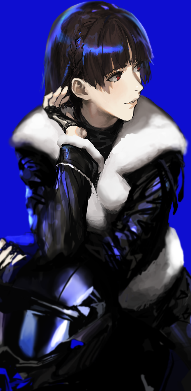1girl, black_gloves, black_hair, braid, brown_eyes, fingerless_gloves, gloves, headwear_removed